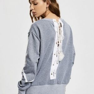 DAVI & DANI Lace up Back Pullover Sweatshirt gray